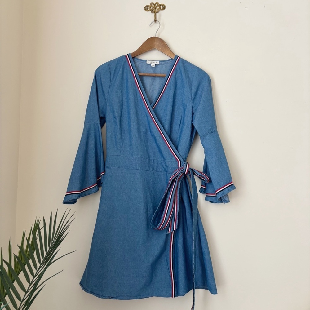 Stellah Chambray Ribbon Trim Wrap Dress Small Nautical Preppy